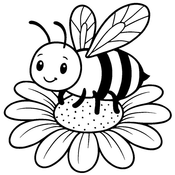 Abeja posada en flor detallada, con líneas gruesas y contorno claro
