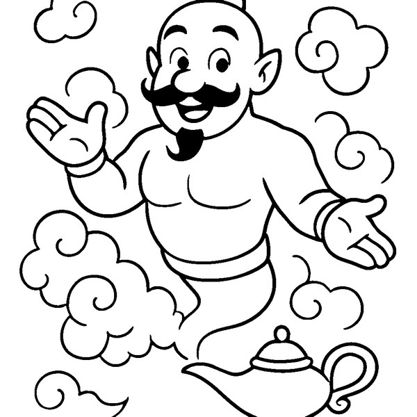 Genio de la lámpara sonriente emergiendo de una lámpara mágica rodeada de humo