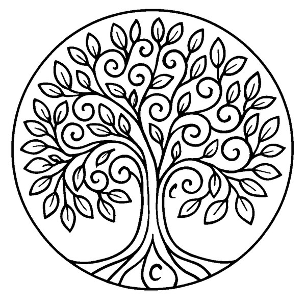 Mandala árbol de la vida con intrincadas ramas y hojas en espiral en fondo blanco