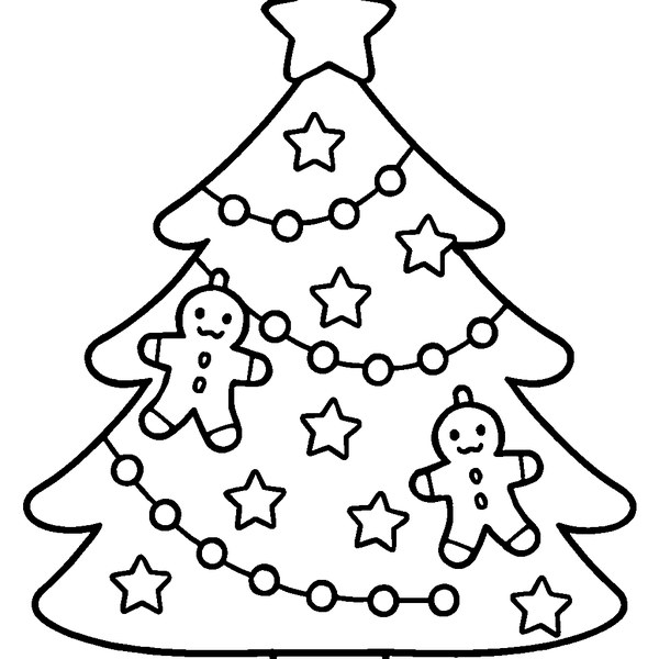 Árbol de navidad decorado con muñecos de jengibre colgando, luces y estrellas brillantes
