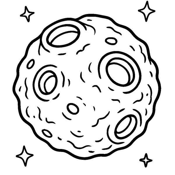 Dibujo en línea de un asteroide con detalles de cráteres y textura rocosa, ideal para colorear