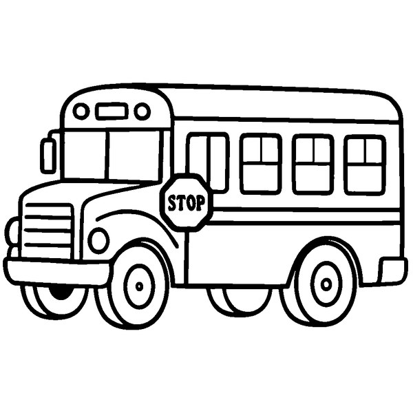 Dibujo en blanco y negro de un autobús escolar con detalles de ruedas y ventanas
