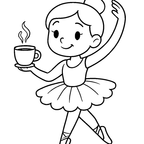 Dibujo de una bailarina con vestido de tutu sosteniendo una taza de café humeante