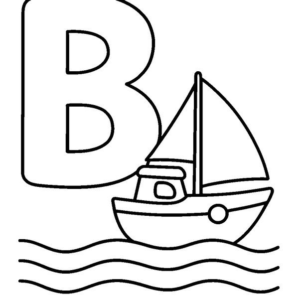 Letra B grande con un barco pequeño navegando sobre una línea de olas debajo