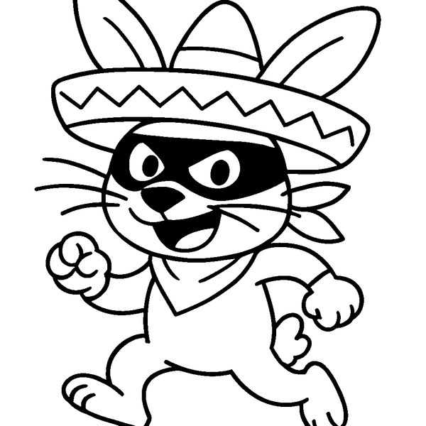 Bobrito Bandito con sombrero y antifaz, con orejas levantadas y bigotes largos