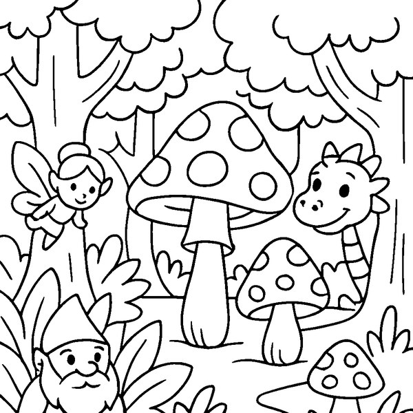 Un bosque encantado con árboles altos, hongos mágicos y criaturas míticas esperando ser coloreadas