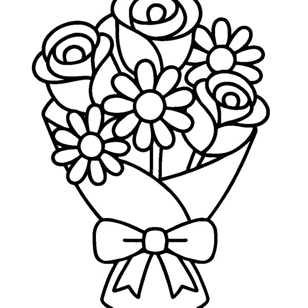 Ramo de flores con rosas y margaritas envuelto en papel con un lazo elegante