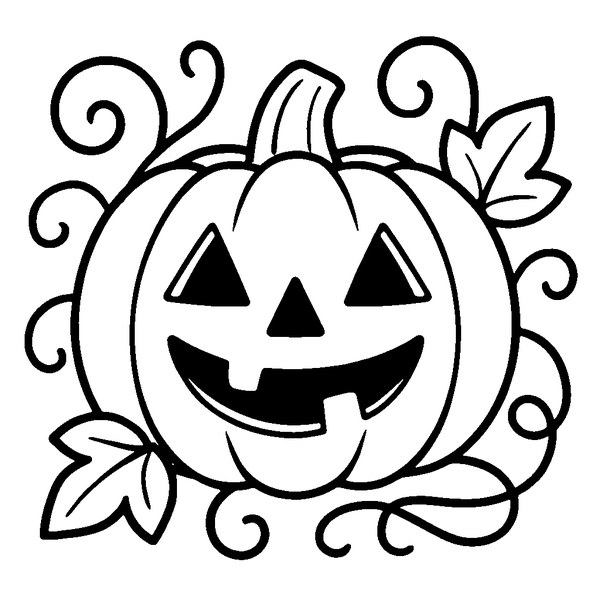 Dibujo de una calabaza de Halloween con cara sonriente y ojos triangulares, rodeada de hojas.