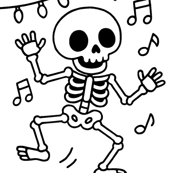 Un esqueleto bailando con una pose divertida, rodeado de notas musicales y luces festivas.