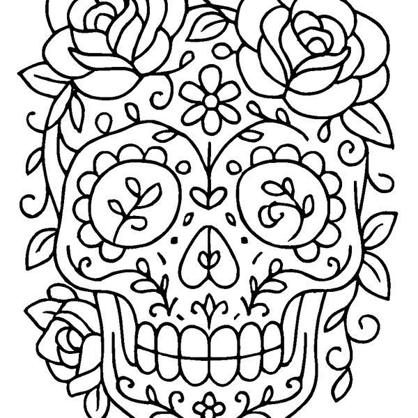 Calavera mexicana adornada con rosas enredadas, líneas detalladas, ideal para colorear.