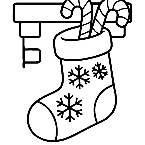 Dibujo en blanco y negro de un calcetín navideño colgando de la chimenea con adornos festivos