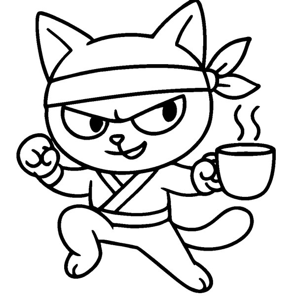 Capuchino Assassino en pose ninja con taza de café, orejas puntiagudas y mirada traviesa