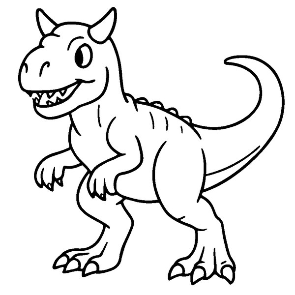 Carnotaurus de perfil con cuernos prominentes y cola larga, listo para colorear