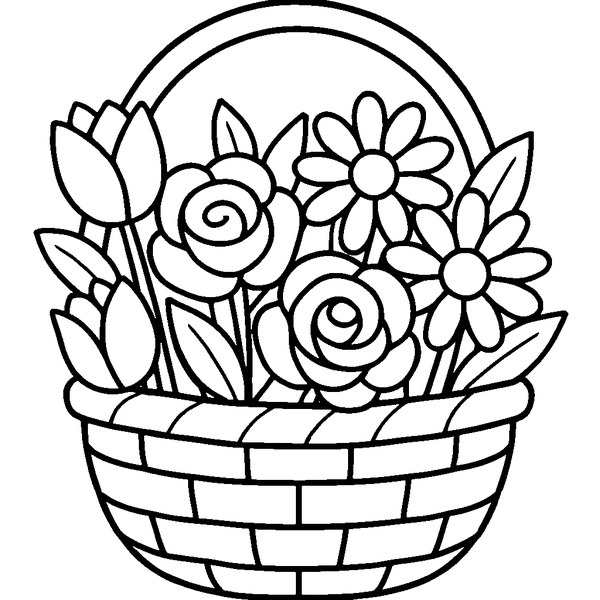 Dibujo de una cesta de pascua llena de flores primaverales con detalles claros