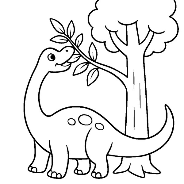 Brachiosaurus de cuello largo alcanzando hojas altas en un árbol, líneas gruesas y claras
