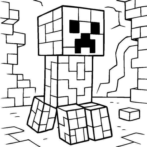 Dibujo del Creeper de Minecraft con líneas gruesas y detalles pixelados, en pose de movimiento