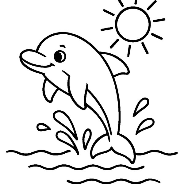 Dibujo de un delfín saltando en el aire, con ondas de agua debajo y un sol brillante detrás
