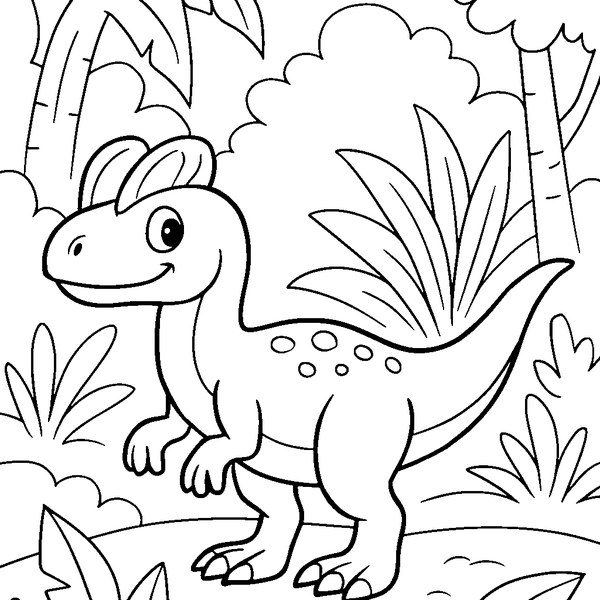 Dilophosaurus con dos crestas en la cabeza, líneas gruesas y detalles sencillos