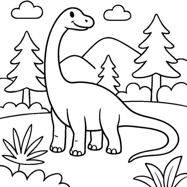 Dibujo en blanco y negro de un Diplodocus con cuello largo y cola extendida, listo para colorear