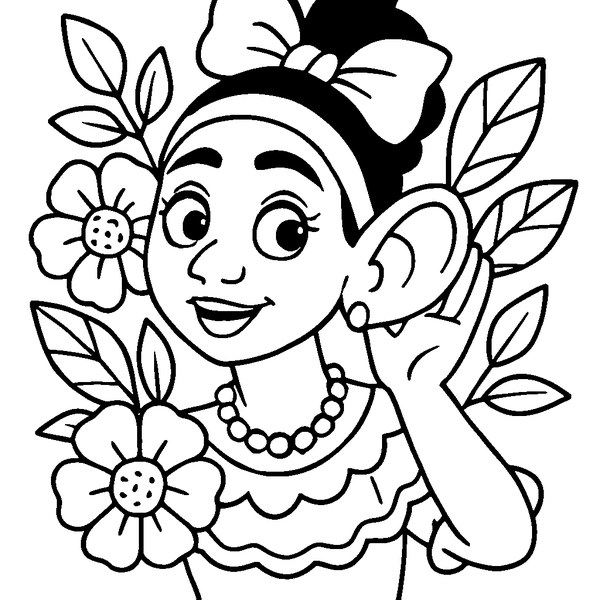 Dolores de Encanto con orejas atentas, rodeada de flores y hojas, línea clara