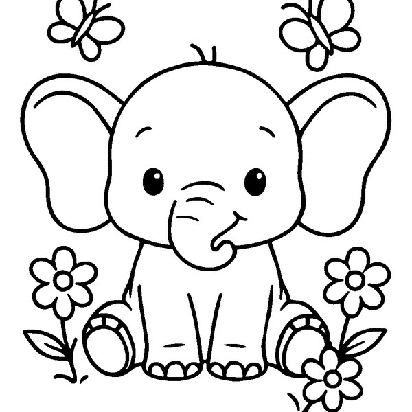 Elefante bebé con grandes orejas sentado en una pradera con flores