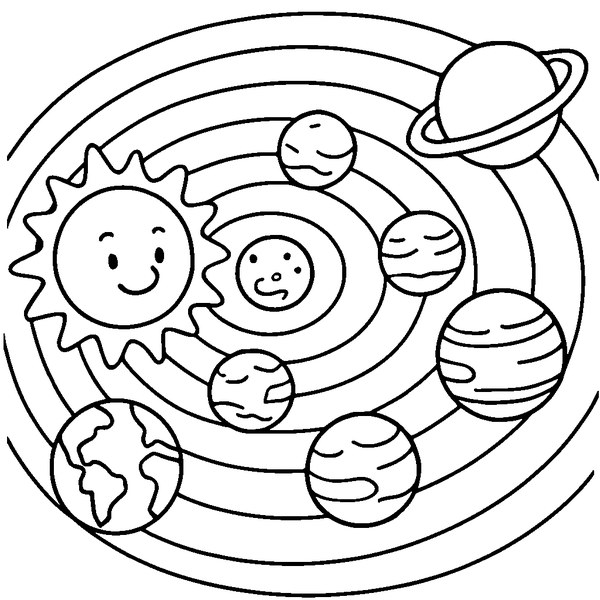 Dibujo del sistema solar con planetas, mostrando órbitas y características de cada planeta