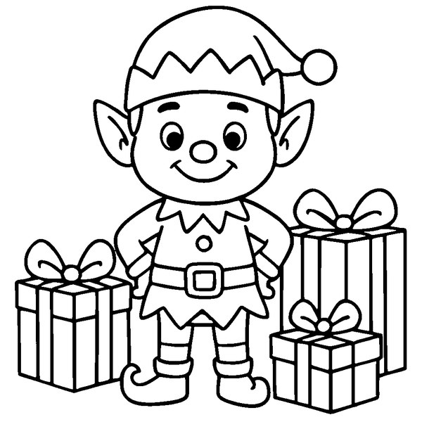 Elfo de navidad sonriente con gorro festivo y botas puntiagudas, rodeado de regalos