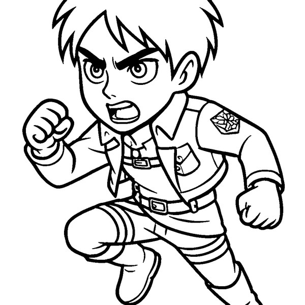 Eren Jaeger de pie con su chaqueta de explorador y mirada decidida, detalles en el cabello