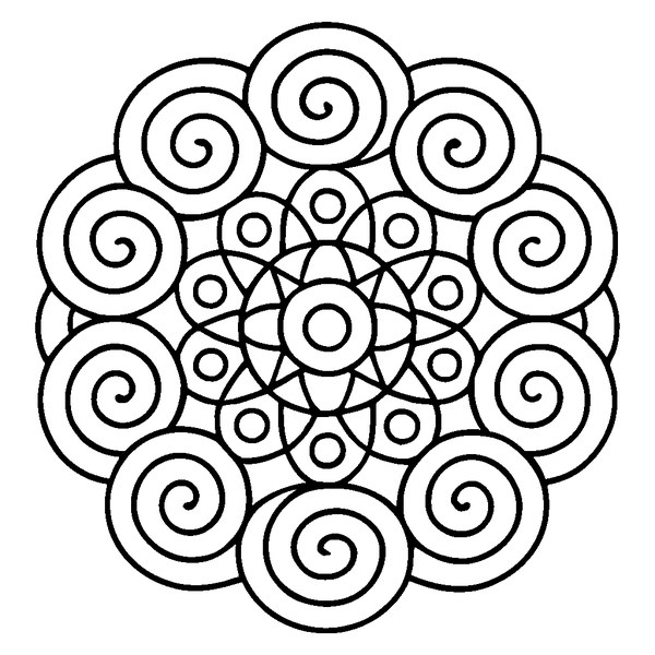 Mandala con espirales entrelazadas y patrones geométricos en un diseño circular complejo