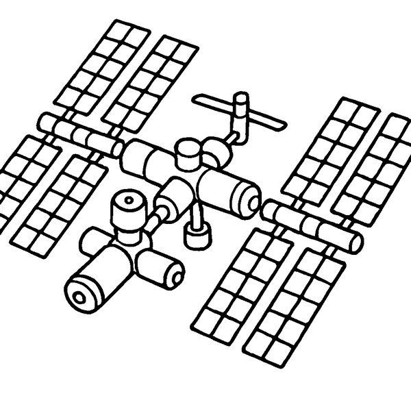 Dibujo detallado de la Estación Espacial Internacional con paneles solares y módulos conectados