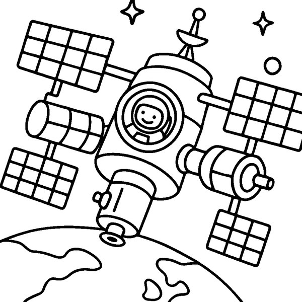 dibujo para colorear de una estación espacial orbitando la Tierra con paneles solares y módulos