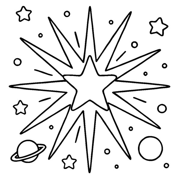 Dibujo en blanco y negro de una estrella con rayos largos y brillantes extendiéndose en todas direcciones
