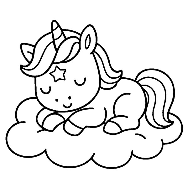 Un unicornio bebé con suaves líneas durmiendo plácidamente sobre una nube esponjosa
