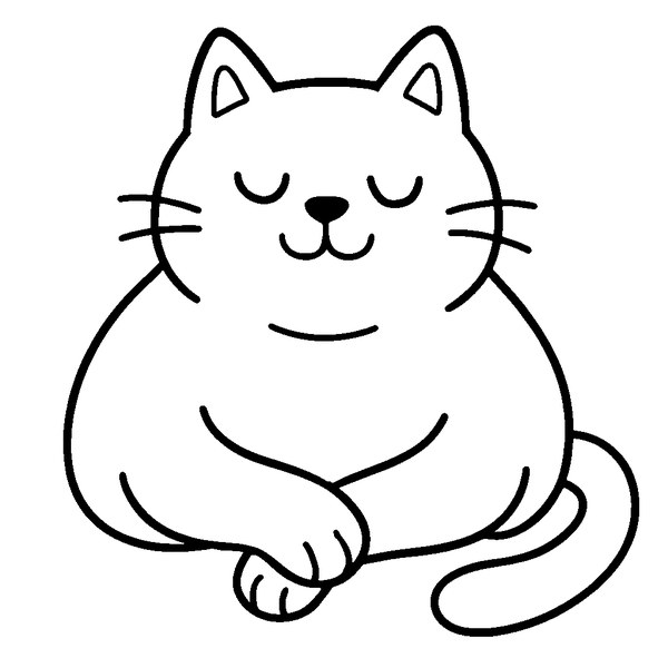 Gato gordito acostado con gran barriga, ojos cerrados y patas delanteras cruzadas