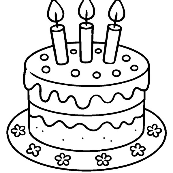 Pastel de cumpleaños decorado con velas encendidas en un plato, listo para colorear