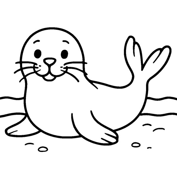 Foca marina sonriente en la playa con grandes bigotes y aletas extendidas, líneas gruesas