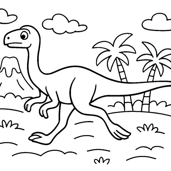 Gallimimus corriendo con sus patas extendidas en un paisaje prehistórico