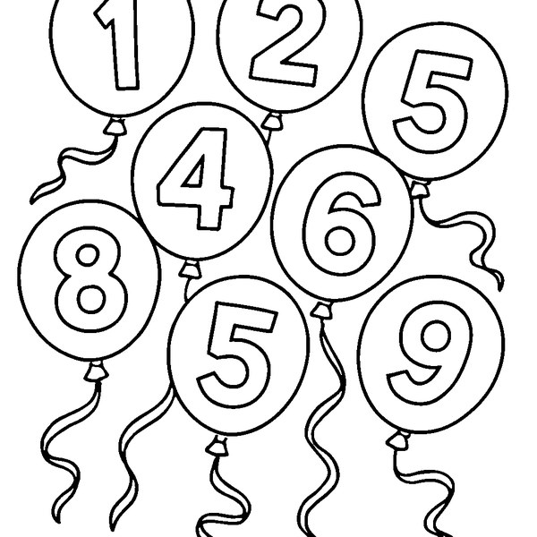 Globos flotantes de año nuevo con números grandes y festivos, listos para colorear en líneas gruesas