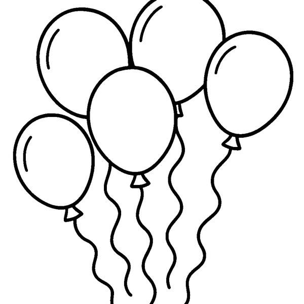 Dibujo en blanco y negro de globos de fiesta flotando con cintas onduladas alrededor