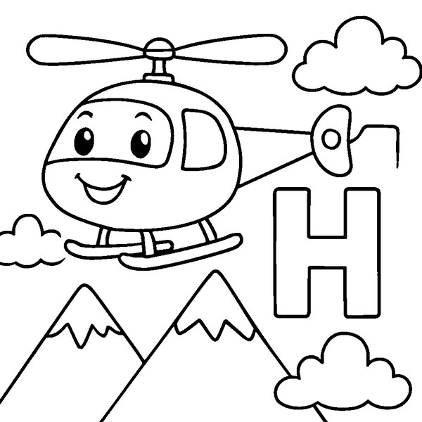 Dibujo de la letra H con un helicóptero sonriente sobrevolando montañas con nubes