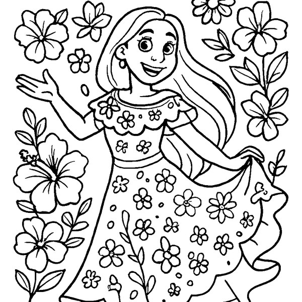 Isabela de Encanto rodeada de flores, con vestido floreado y cabello al viento, lista para colorear