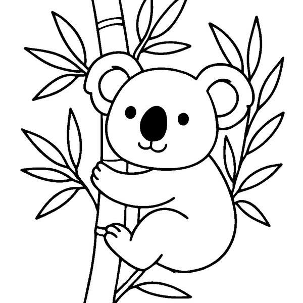 Koala sonriente abrazado a un tronco de bambú rodeado de hojas y ramas.