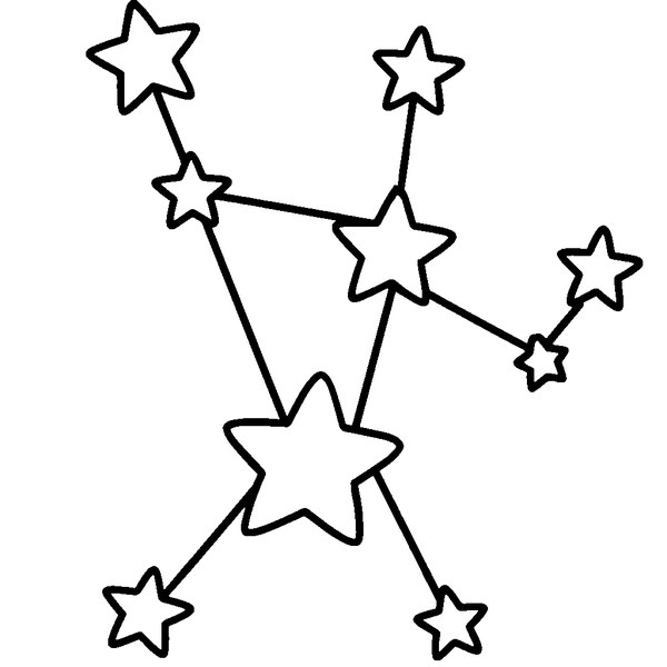 Dibujo en blanco y negro de la constelación de Orión con estrellas y líneas claras para colorear