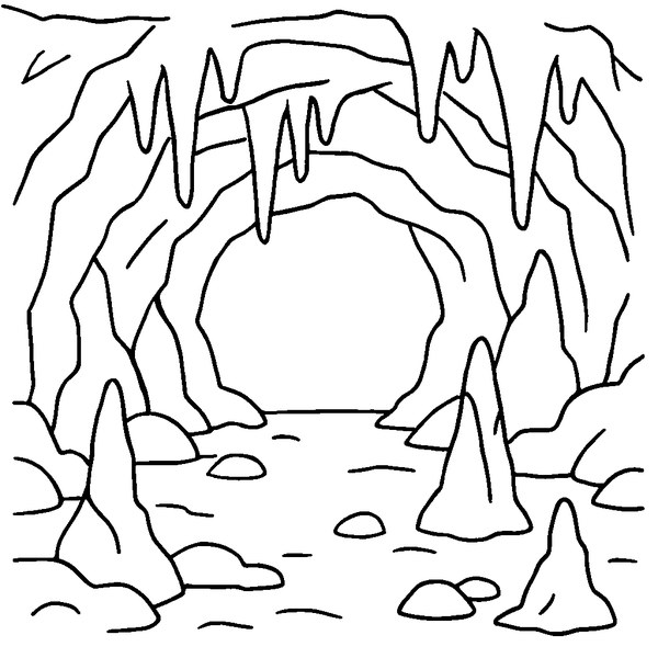 Dibujo en blanco y negro de una cueva con estalactitas colgando del techo, formando patrones únicos