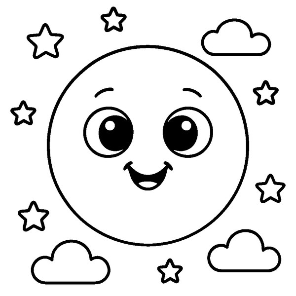 Luna llena con cara amable, ojos grandes, boca sonriente, estrellas alrededor y fondo espacial