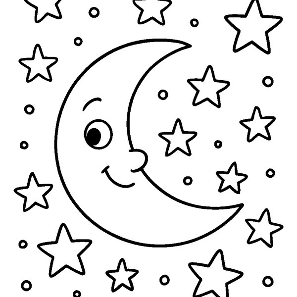 Luna creciente rodeada de estrellas brillantes, con cielo nocturno y constelaciones visibles