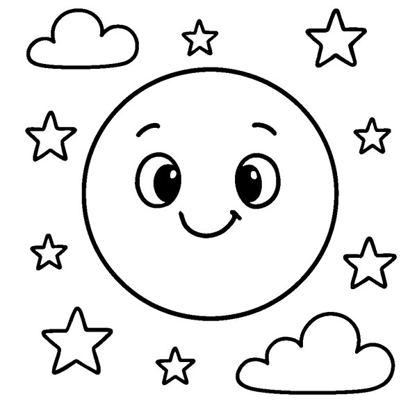 Dibujo de luna llena con carita sonriente y ojos grandes en el cielo nocturno