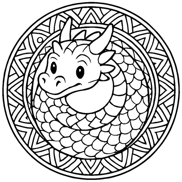 Mandala circular con dragón intrincado, líneas curvas y detalles minuciosos en blanco y negro