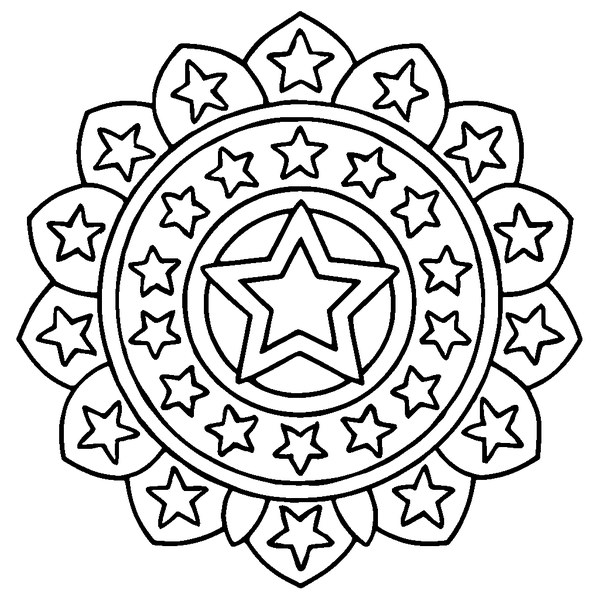 Mandala de estrellas en blanco y negro para colorear
