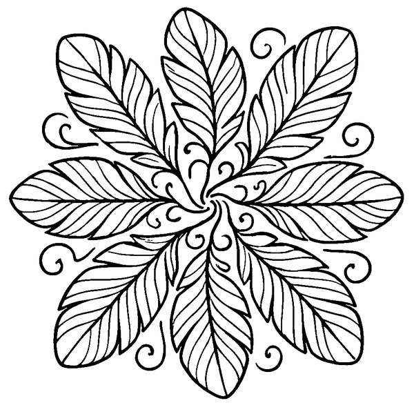 Mandala de plumas con detalles intrincados y simetría perfecta, rodeado de finas líneas curvas.